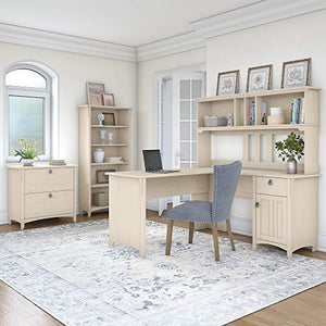 Bush Furniture Salinas 60W L Shaped Desk with Hutch, Lateral File Cabinet and 5 Shelf Bookcase in Antique White