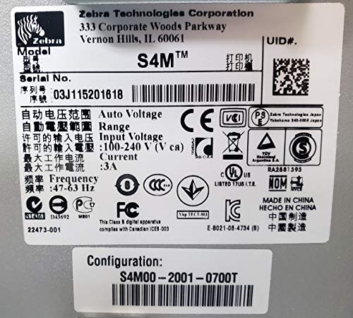 Zebra S4M Monochrome Direct Thermal/Thermal Transfer Industrial Printer, 6 in/s Print Speed, 203 dpi Print Resolution, 4.09" Print Width, 110/220V AC