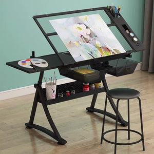 TemkIN Height Adjustable Glass Topped Drafting Table with Drafting Stool