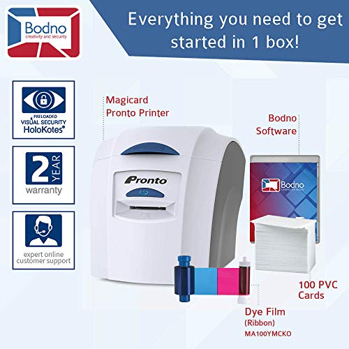Magicard Pronto ID Card Printer & Complete Supplies Package with Bodno ID Software - Silver Edition