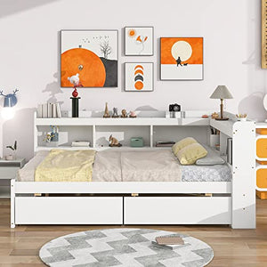 HomSof Full-L White Bed with L-Shaped Bookcases and Drawers