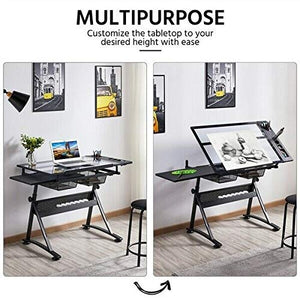 BJYX Glass Adjustable Art Drafting Table Artists Drawing Desk with 2 Drawers & Stool