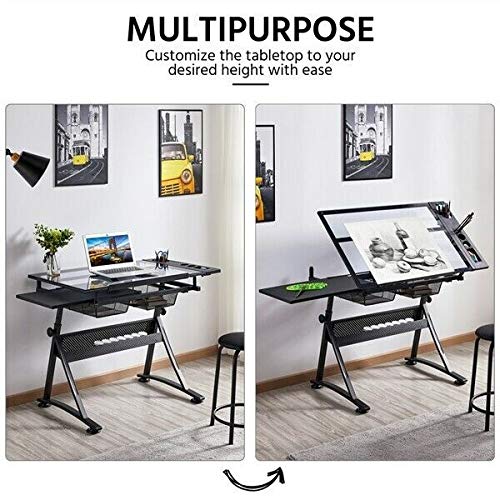 DXXWANG Glass Adjustable Art Drafting Table Artists Drawing Desk with 2 Drawers & Stool