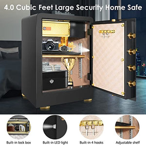 ETE ETMATE 4.0 Cub Large Safe Box Fireproof Waterproof, Digital Home Safe with Fireproof Document Bag, Double Safety Key Lock and LCD Screen, Built In Cabinet Box, Removable Shelf, LED Light, Money Safe for Home Office Hotel (Black, US STOCK)