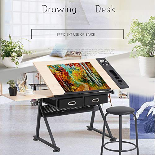 Standing Desk Student Writing Drawing Drafting Table Modern Metal Worktable Adjustable Top and Stool, Black