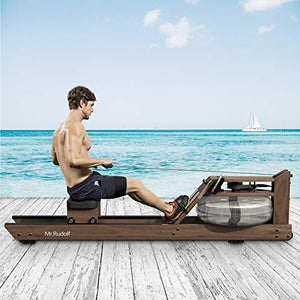 Mr. Rudolf Water Rowing Machine,Black Walnut Wood Rower with Bluetooth Monitor - Indoor Fitness Exercise Home Sports Exercise Equipment(Included an Electric Pump and A Dust Cover)