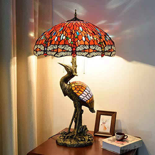 Xiaochen Antique Tiffany Style 20" Male Bird Desk Lamp - Red Dragonfly Glass Lampshade for Living Room Study Bedroom
