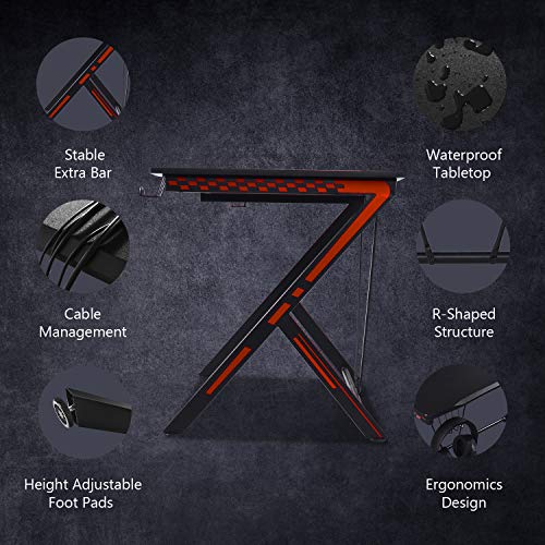 Gaming Desk 46" with USB Port, Racing Style Computer Desk with Cup Holder and Headphone Hook, Gaming PC Desk for Home Office Workstation 46" W x 29.5" D, Black