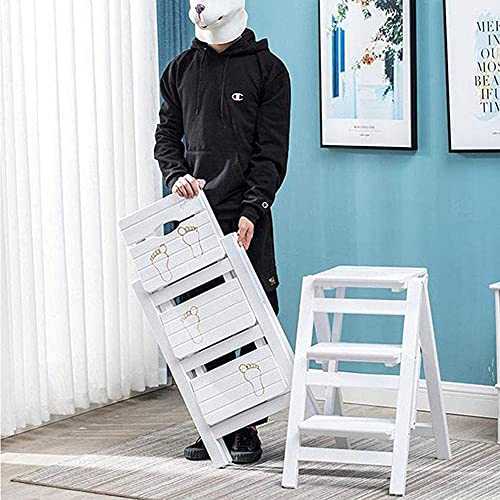 LUCEAE Folding Wooden Step Stool, 3 Steps, Non-Slip Wide Tread, Portable Adult Footstool - Black