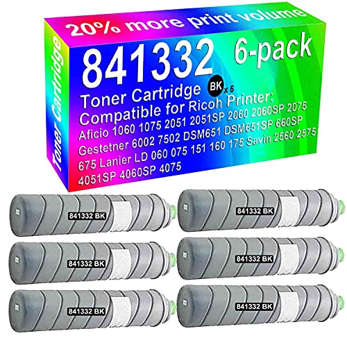 6-Pack (Black) Compatible High Yield 841332 Imaging Toner Cartridge use for Ricoh Aficio 1060 1075 2051 2051SP 2060 2060SP 2075 2560 2575 4051SP Printer