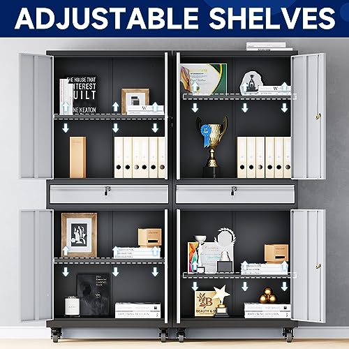 Yizosh Metal Garage Storage Cabinet with Locking Doors, Adjustable Shelves, and Drawer - 73" Steel Rolling Tool Cabinet