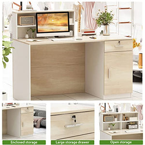 AGOTENI Reception Desk with Lockable Drawer & Open Shelf, Oak