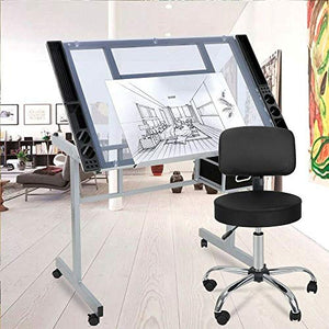 9TRADING Adjustable Hydraulic Salon Stool Chair + Drawing Desk Drafting Table Glass Top