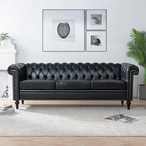 Generic 82.5 Inch Width Traditional Square Arm Removable Cushion 3-Seater Sofa Black Solid Polyurethane