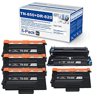 TN-850 TN850 Toner Cartridge & DR-820 DR820 Drum Unit Compatible Replacement for Brother DCP L5500DN L5600DN L5650DN MFC L5900DW L6800DW L6900DW HL L6300DW L6400DW/DWT L5000D L5100DN Printer (5 Pack)