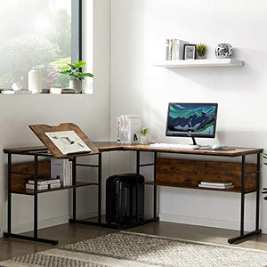 SSLine 59" L Computer Desk Wood&Metal Drafting Table with Open Shelves Rustic Brown Corner Study Writing Desk Large Home Office Drawing Table Workstation w/Adjustable Tilting Tabletop