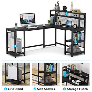 LITTLE TREE 67 inch Large L-Shaped Computer Desk with Hutch and Bookshelf, Home Office Desk with Storage Shelves and CPU Stand, Corner Desk Study Writing Gaming Table Workstation (Black)