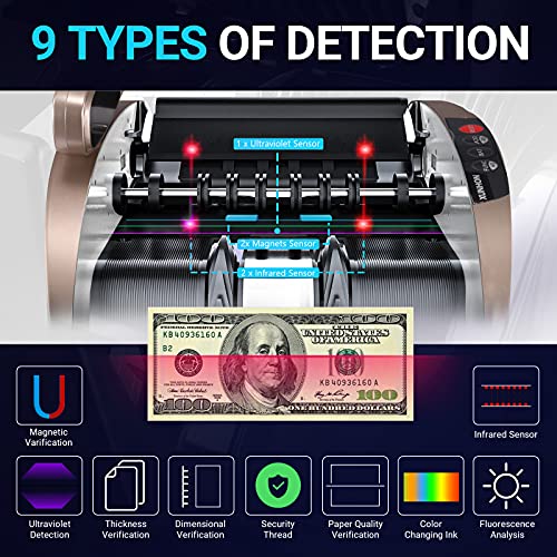 XUNHON Rechargeable Money Counter Machine with UV/MG/IR Counterfeit Detection, Cash Counting Machine with 9 Modes, 2600mAh Battery and 2LCD Display,1300 Bills/Min -X01-Pro