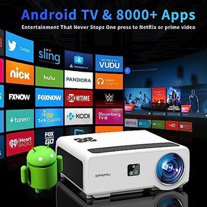DIPIKPRJ 4K Android TV Projector with Auto Focus & Keystone, Prime Video Built-in, 1300 Ansi Lumens, WiFi 6, Bluetooth, 50% Zoom, 500" Display, Dust-Proof