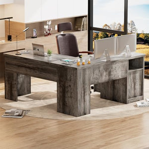 Unikito L Shaped Computer Desk with Drawer and Power Outlets, Black Oak
