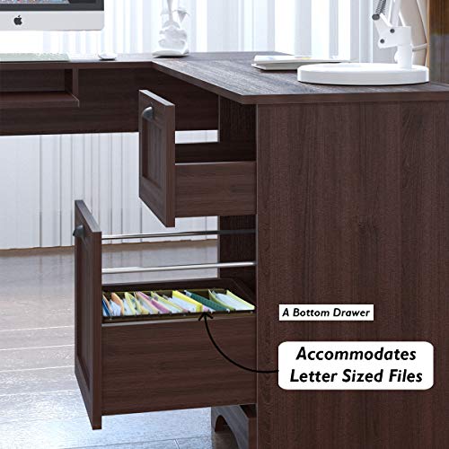 Tangkula 66.5” ×66.5” L-Shaped Desk, Modern Corner Computer Table with Drawers and Adjustable Shelf, Study Writing Table Workstation for Home Office (Coffee)