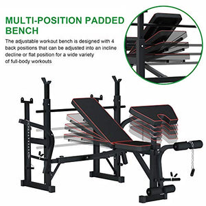 Adjustable MultiFunction Foldable Weight Bench and Fitness Barbell Rack Commercial Weight Lifting Support w/Leg Developer Arm Training Equipment Home Gym Full-Body Strength Workout Exercise