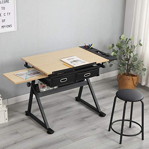 Xinyu Adjustable Wood Drafting Desk with 2 Drawers for Home Office and School(Wood)