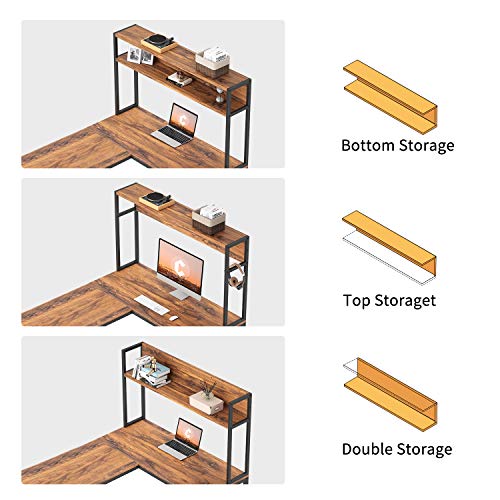 CubiCubi L-Shaped Desk with Hutch,59" Corner Computer Desk,Home Office Gaming Table Workstation with Storage Bookshelf,Dark Rustic