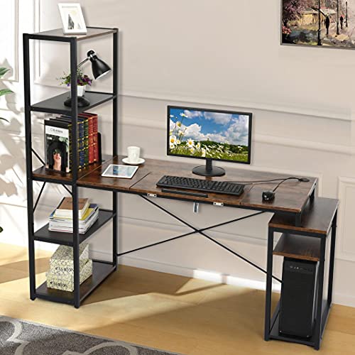 HGJG 47" Computer Desk with Storage Shelves, Multipurpose Writing Drawing Tower Desk, 5-Tiers Shelves, Cable Hole & Host Shelf, Classic Black Frame Home Office Desk Gamer Workstation (Brown)