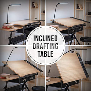INOVATIVE Drafting Table | Ultimate Drawing Kit with Desk, Ergonomic Stool, LED Lamp and Phone Holder | Drafting Desk for Artists or Architects | Adjustable Angle and Height for Adults or Kids