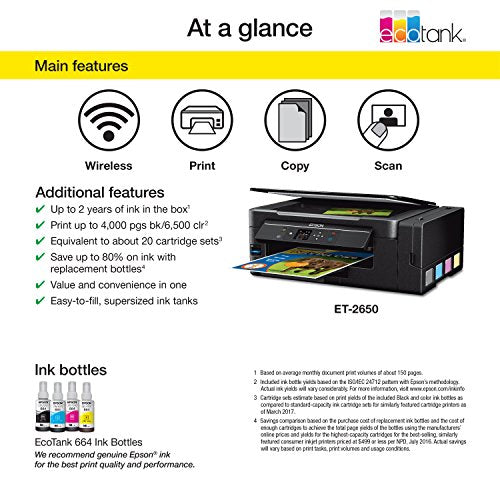 Epson Expression ET-2650 EcoTank Wireless Color All-in-One Small Business Supertank Printer with Scanner and Copier (Renewed)