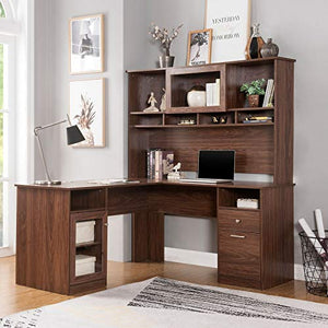 BJYX L-Shaped Computer Desk with Hutch Writing Workstation with Shelves Home Office