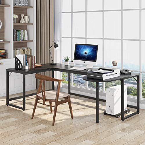 L-Shaped Desk, U Shaped Corner Computer Desk Extra Wide Work Desk with Printer Stand, Large Home Office Desk Workstation Table Executive Desk for Working Gaming, Easy to Assemble (Black)