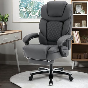 Linting Ergonomic Reclining Office Chair with Footrest & Lumbar Support, 400lbs Big and Tall PU Leather Executive Chair, Grey