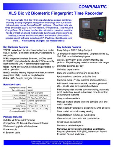 Compumatic XLS Bio v2 Biometric Fingerprint Time Clock System, WiFi, CompuTime101 Software Included, 0 NO Monthly Fees!!