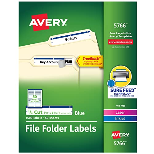 Avery Blue File Folder Labels for Laser and Inkjet Printers with TrueBlock Technology, 2/3 inches x 3-7/16 inches, 5 Packs (5766)