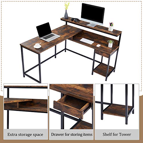 L-Shaped Computer Desk with Monitor Shelf and CPU Stand, Industrial Corner Office Desk Study Desk Large Workstation for Home and Office