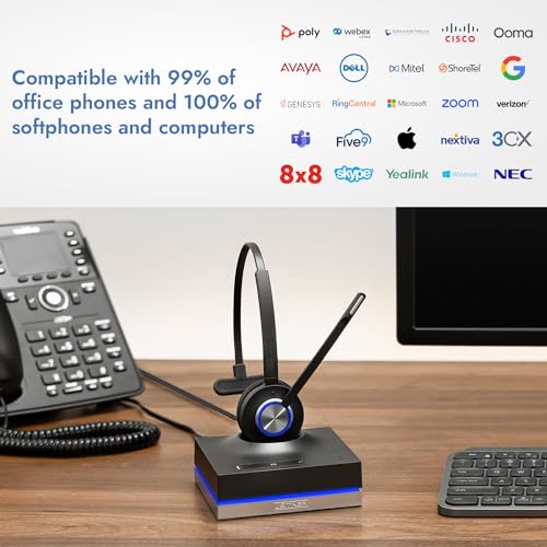 Leitner LH570 2-in-1 Wireless Headset - 5-Year Warranty - UltraRange up to 350 FT - DECT Wireless Headset for Office Phones and PC