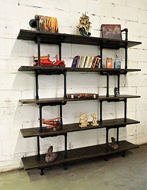 FURNITURE PIPELINE Industrial Wall Mounted Large Storage 5 Shelf Bookcase, Metal and Reclaimed Aged Wood Finish, 71'' H