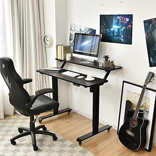 Tangkula Electric 2-Tier Standing Desk, Mobile Height Adjustable Sit Stand Desk Workstation with 4 Lockable Wheels & Replaceable Foot Pads, Hanging Hook, Cable Management Tray, Memory Setting (Black)