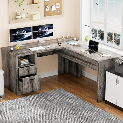 Unikito L Shaped Computer Desk with Drawer and Power Outlets, Black Oak