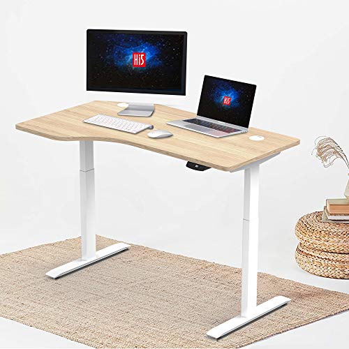 Hi5 L-Shaped (55"x33") Electric Height Adjustable Left Handed Standing Desk for Home Office Workstation (White Frame, Oak Top)