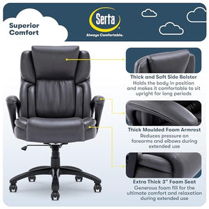 Serta Executive Office Chair with Layered Body Pillows, Waterfall Seat Edge, Bonded Leather - Space Gray