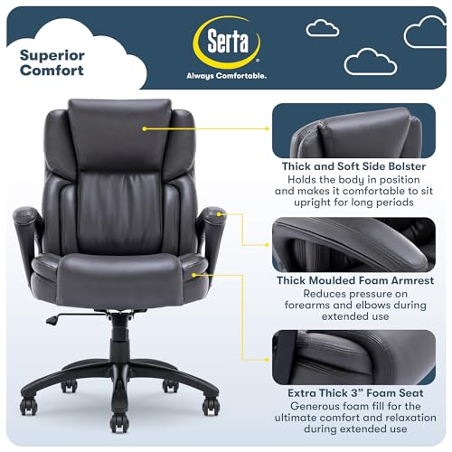 Serta Executive Office Chair with Layered Body Pillows, Waterfall Seat Edge, Bonded Leather - Space Gray