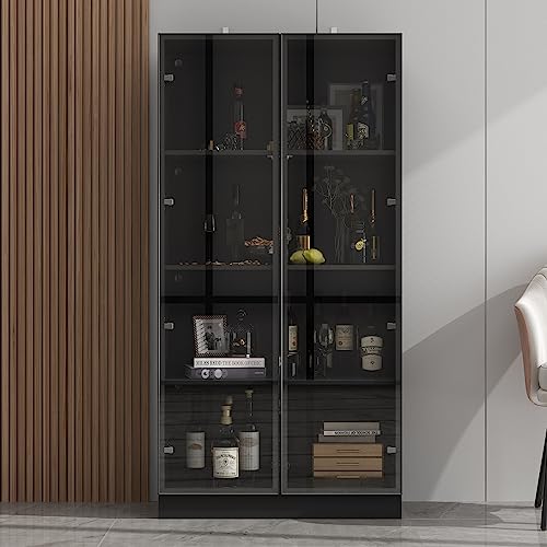 Homsee 4-Tier Bookcase Bookshelf with Glass Doors, LED Lights, Wooden Display Storage Cabinet - Black (31.5”W x 15.7”D x 63”H)