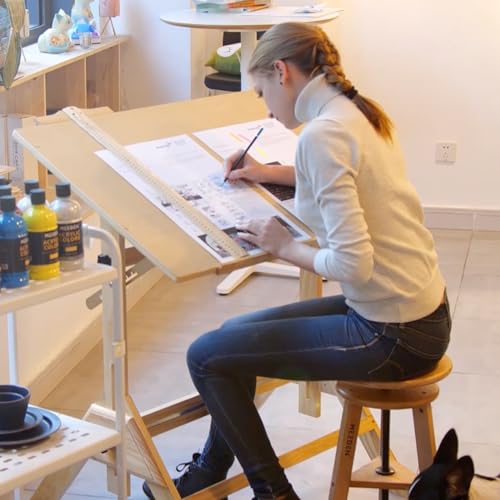 MEEDEN Wood Drafting Table & Stool Set, Adjustable Height, Tiltable Tabletop