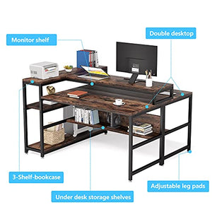 Tribesigns Two Person Desk Double Workstation with Bookshelf,47 x 59 Extra Large Face to Face 2 Person Computer Desk with Monitor Stand Shelf & Storage Shelves, Office Study Table,Rustic & Black