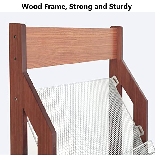 JacCos Wooden Magazine Rack Floor Display Stand with 4 Iron Mesh Pockets and Wheels