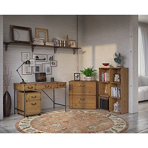 kathy ireland Home by Bush Furniture Ironworks 48W Writing Desk, 2 Drawer Mobile File Cabinet, 6 Cube Bookcase, and Lateral File Cabinet in Vintage Golden Pine