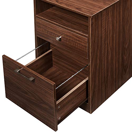 Home Office L-Shaped Desk with Hutch and Glass Doors, Writing Workstation with Shelves and File Cabinet for Home Office (Brown) (Brown)